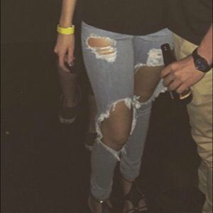 High waisted big hole distressed skinny jeans